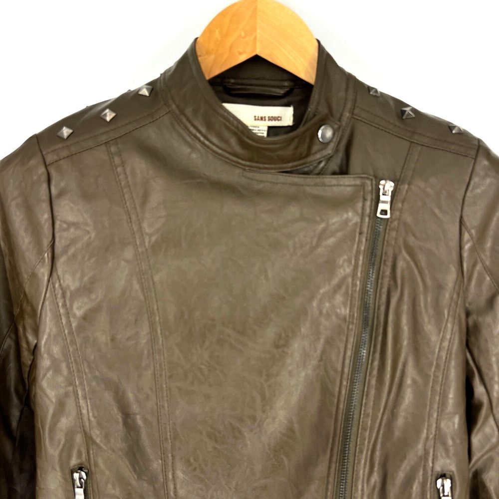SANS SOUCI Brown Faux Leather Studded Moto Jacket Size S‎ Crop Long Sleeve Zip - Picture 3 of 12